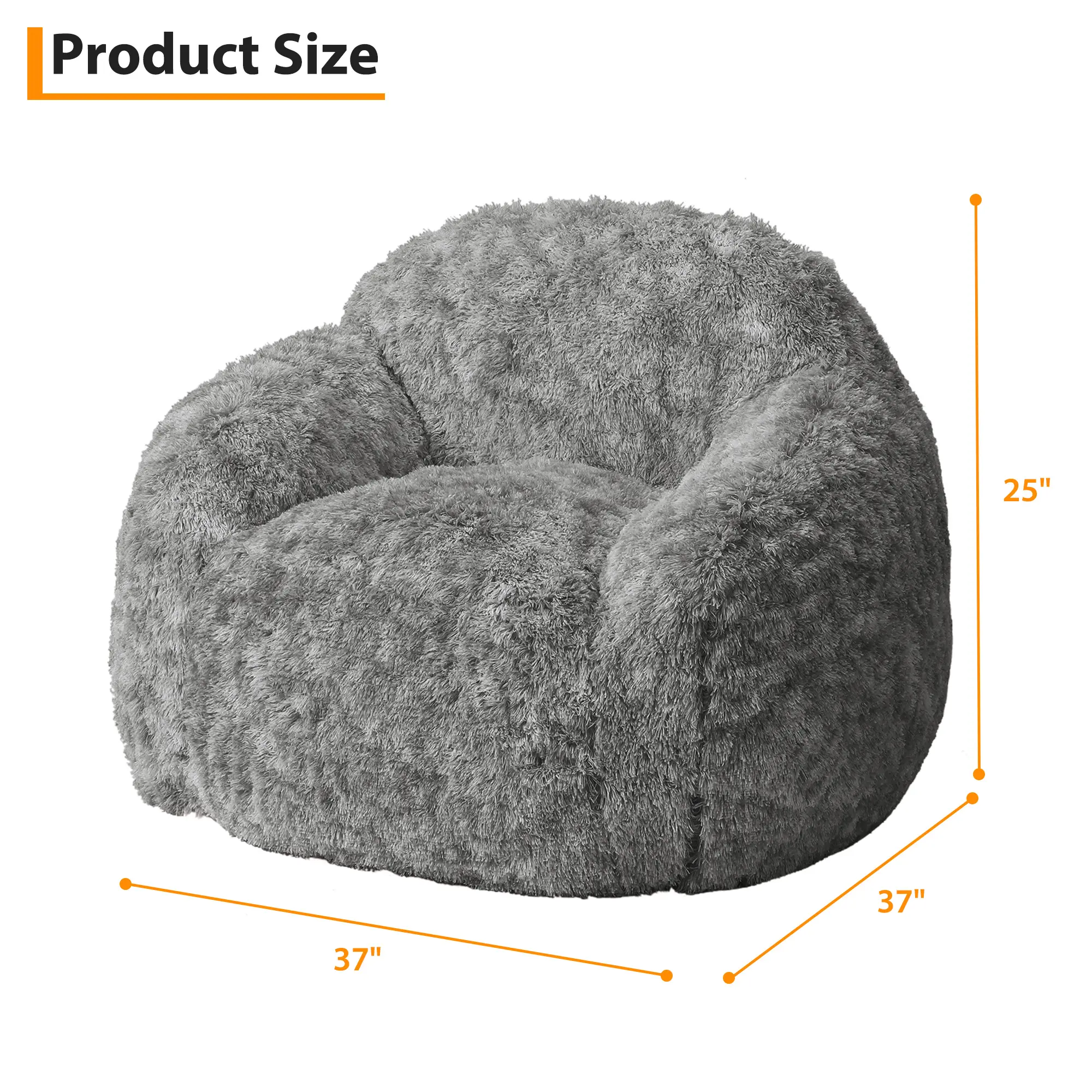 Faux Fur Bean Bag Chair with Armrests for Adults – Soft Foam-Filled Lounge Sofa – Cushy Cozy Lazy Couch for Bedroom, Living Room, Reading, Gaming – Orange