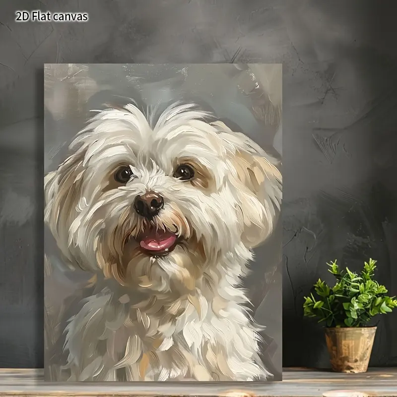 1 piece of 2D flat canvas, charming white fluffy dog canvas art painting - modern home decoration, framed and ready to hang, suitable for living room, bedroom, hallway, fade-resistant wall 2D flat canvas (framed wrapped canvas), 2D flat, perfect for room