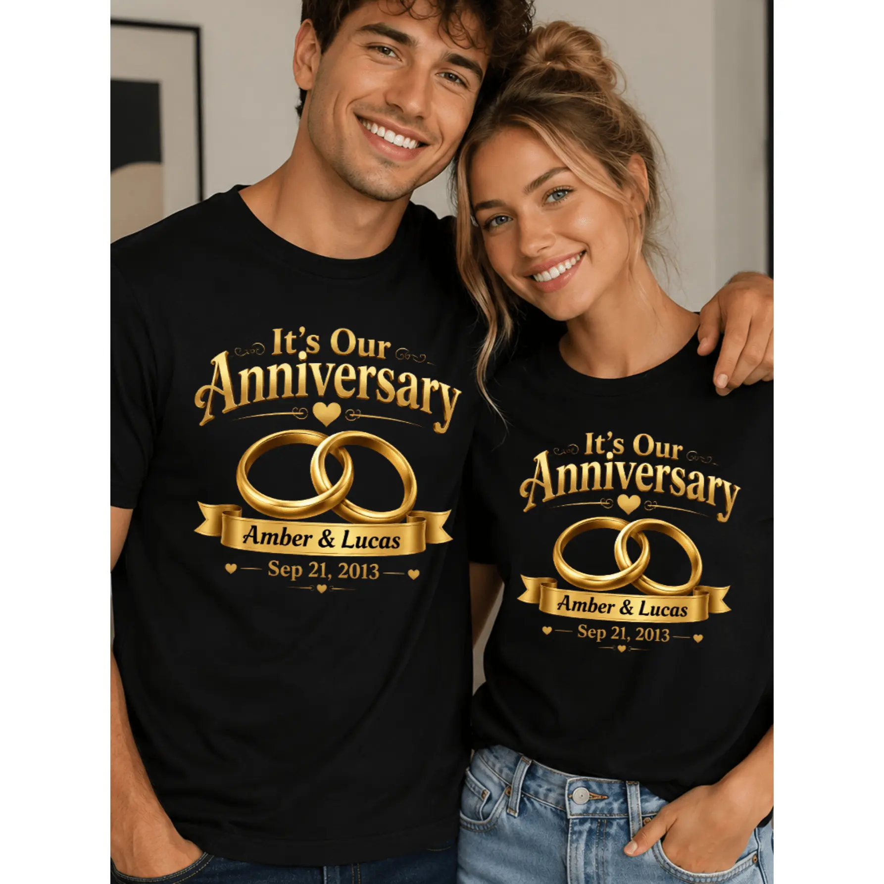 1pc Couples Matching Anniversary Shirt | Custom Name And Date, 100%, Casual Crew Neck, Short Sleeve, Heat Transfer Printing, Ideal for Wedding, Engagement, Valentine'S Day Gifts for Men And Women, S-XXXL