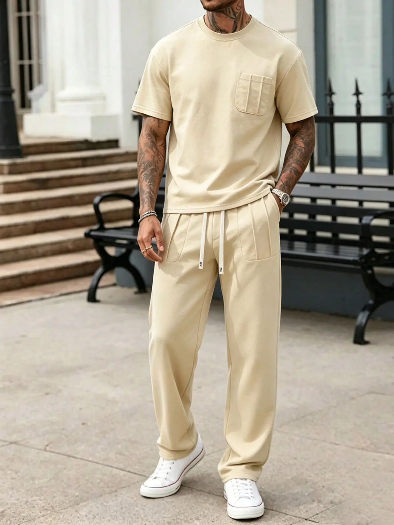Men's Beige Plain Clean-Style Two-Piece Outfit - Minimalist Old Money Style Pocket T-shirt + Wide-Leg Trousers. Made of soft and breathable fabric, this casual set is perfect for daily street wear and smart casual business looks.