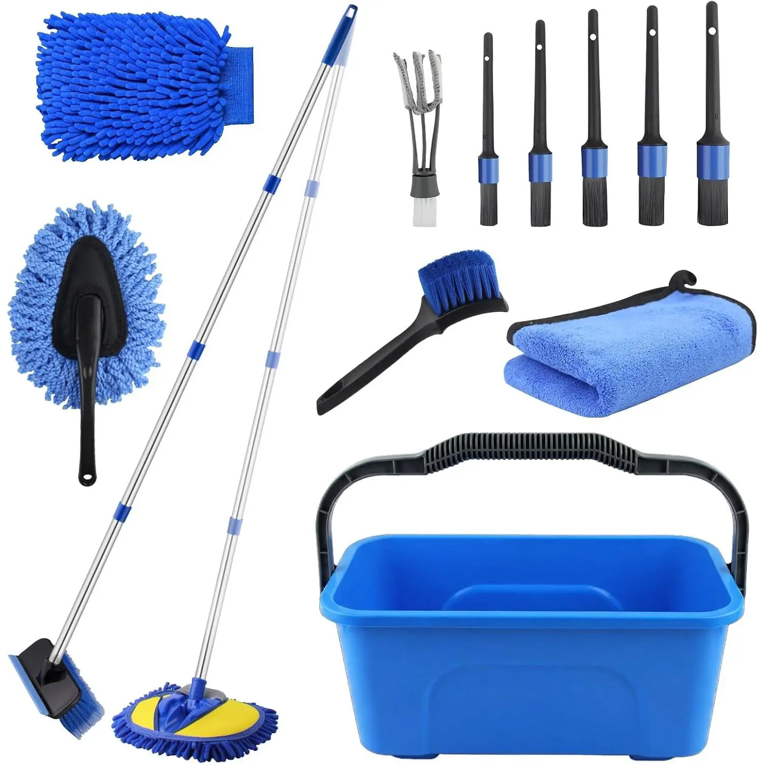 17 count  Wash Kit with Bucket,  Cleaning Kit with 62" Long Handle  Wash Brush Mop, Mitt Duster Wheel Brush Detailing Brushes Towel,  Washing Supplies for  RV  Exterior and Interior