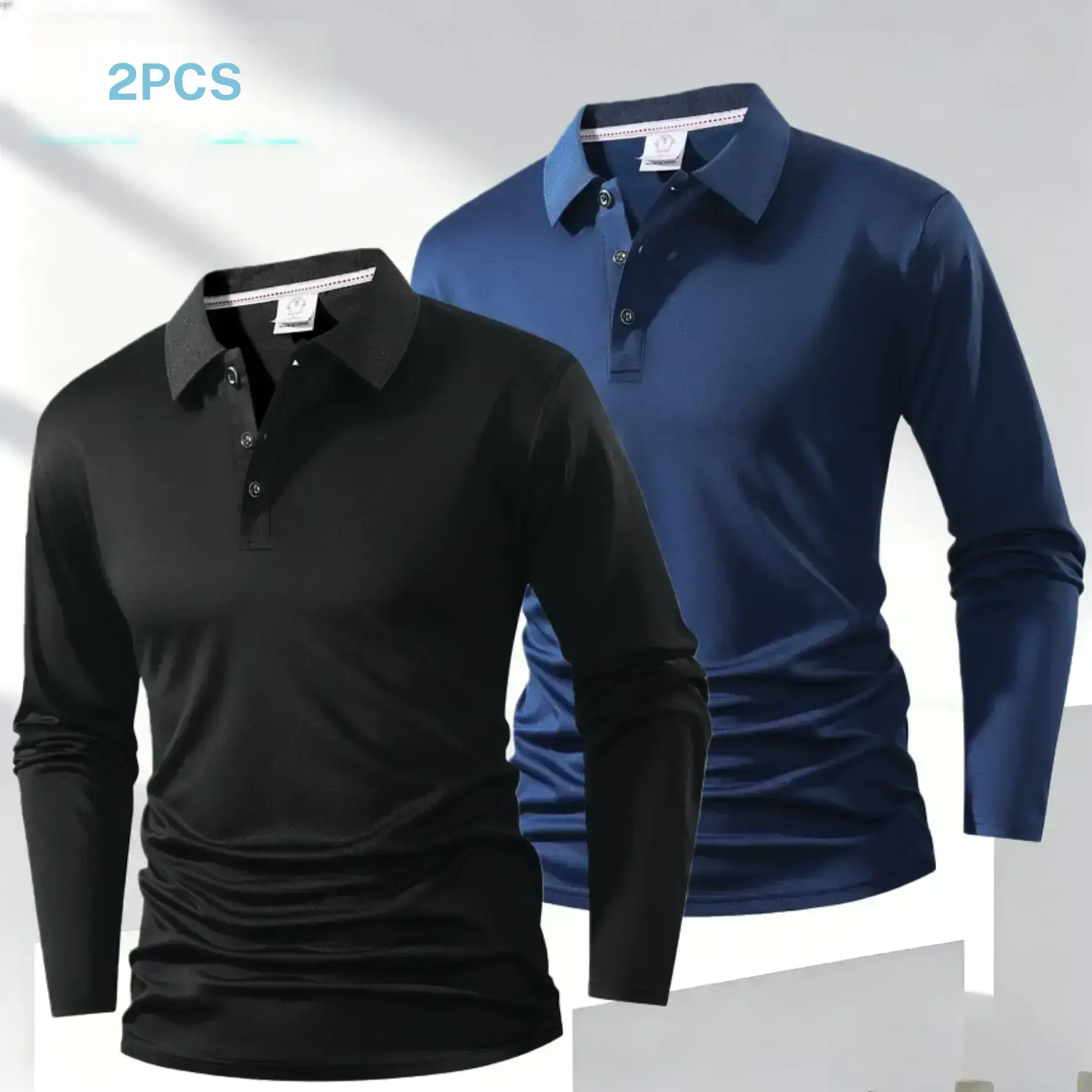 Two long sleeve men's Polo shirts, featuring a lightweight and simple style, with a collared design that exudes a neat appearance. The three button closure is convenient, the fabric is soft and draped, and the fit is comfortable and not tight. Suitable fo