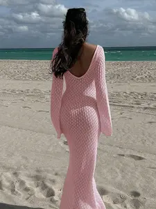 Women's Long Sleeve Beach Dress, Elegant Bohemian Style, V-Neck Design, Summer Fashion, Detailed Cut-Outs, Perfect for Beachwear
