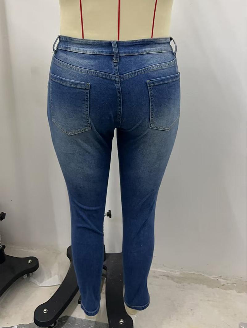 Women's Plus Size High Rise Stretchy Skinny Ankle Jeans, Butt Lifting Ripped Distressed Washed Denim, American Retro High Street Basic Style Pocket Button Pants for Daily & All-Season Wear