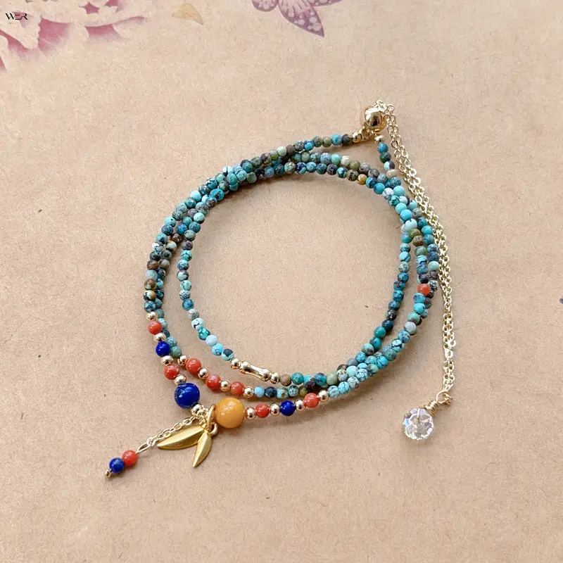 3 Strand Dainty Natural Turquoise Micro Bead Bracelet for Women, Coral Lapis Amber Accent Stones, Gold Bamboo Leaf Charm, Adjustable Extension Chain Bohemian Stackable Jewelry Gift