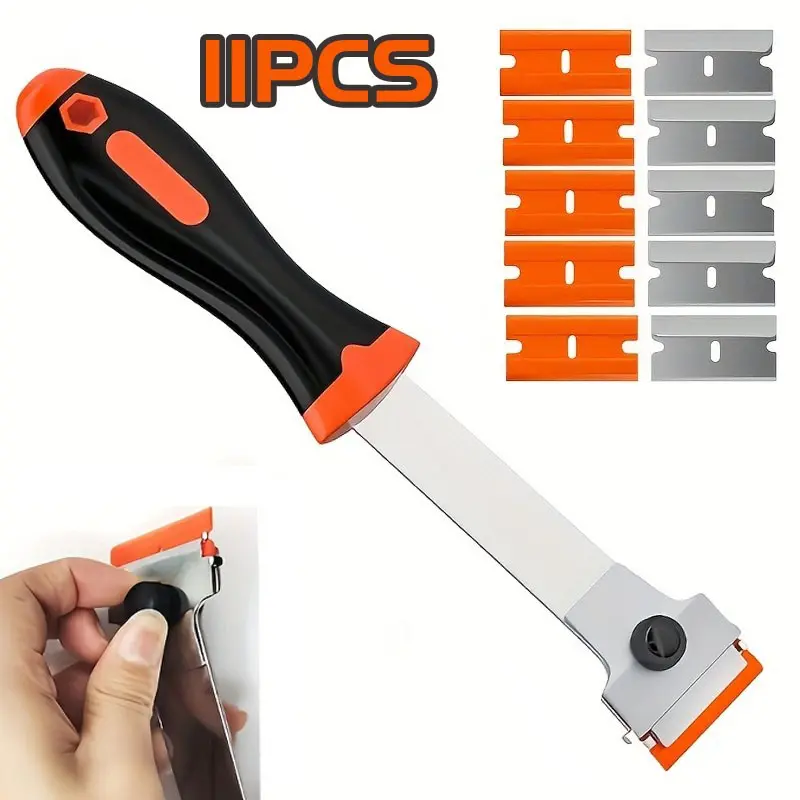 11-Piece Multi-Use Stainless Steel Scraper Set, Paint Scraper Tool, Replaceable Blades, Long Handle, Non-Slip Grip, Ideal for Removing Stickers, Paint, Windows, Cars, Glass, Windshields, Stoves