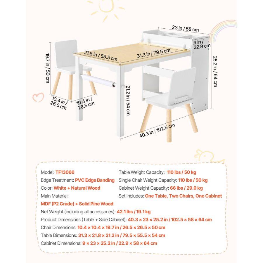 VEVOR Kids Art Table and Chair Set, Toddler Craft Table with 3 Tiers Storage Cabinet, Wooden Kids Activity Play Desk with 2 Chairs, Art Craft Play Desk for Reading, Learning, Drawing, Writing, White