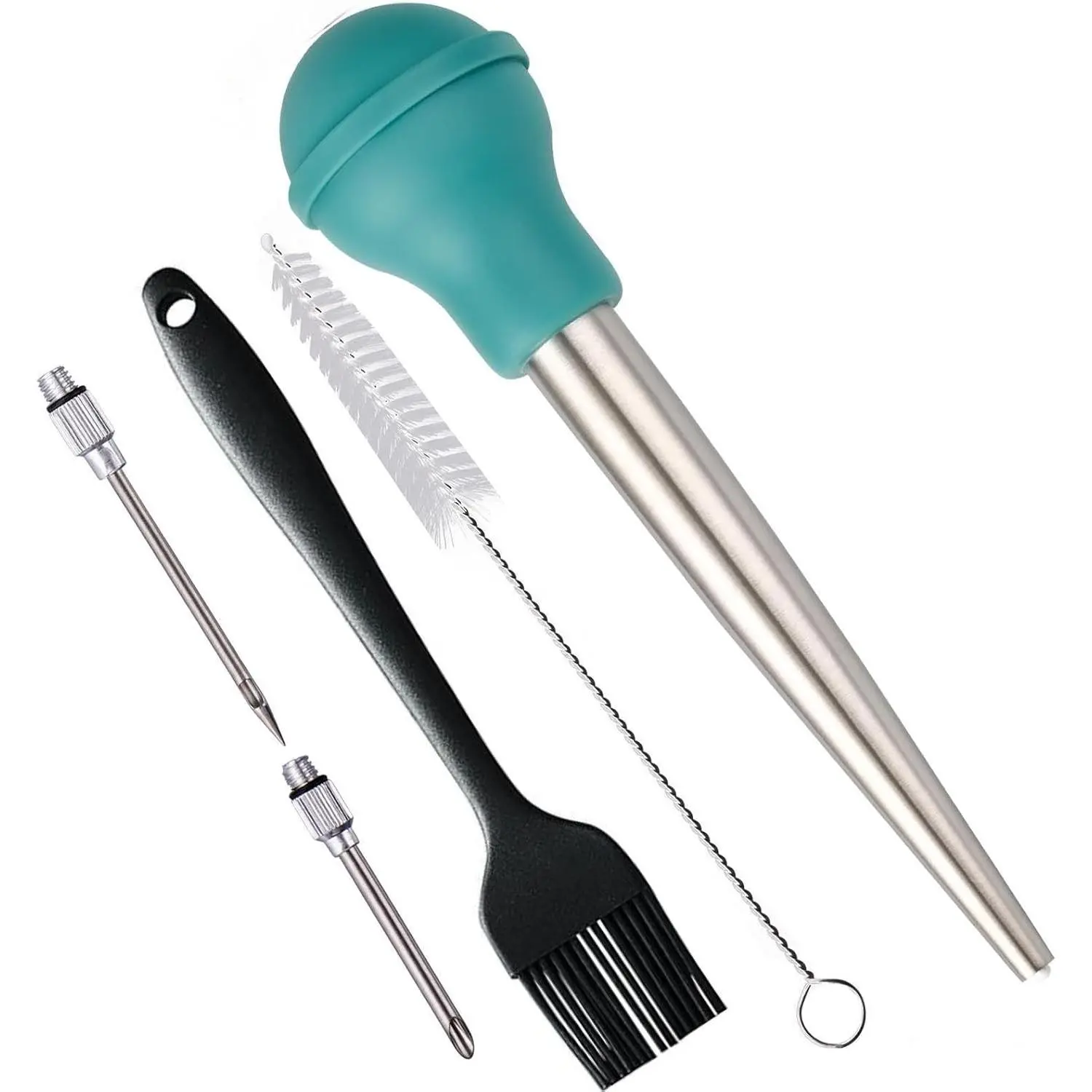Turkey Baster, Stainless Steel Baster Syringe Meat Injector Baster Set with 2 Needles&2 Cleaning Basting Brush, 18/8 Steel Turkey Baster for Flavor Meat Poultry, Beef & Chicken Cooking Teal