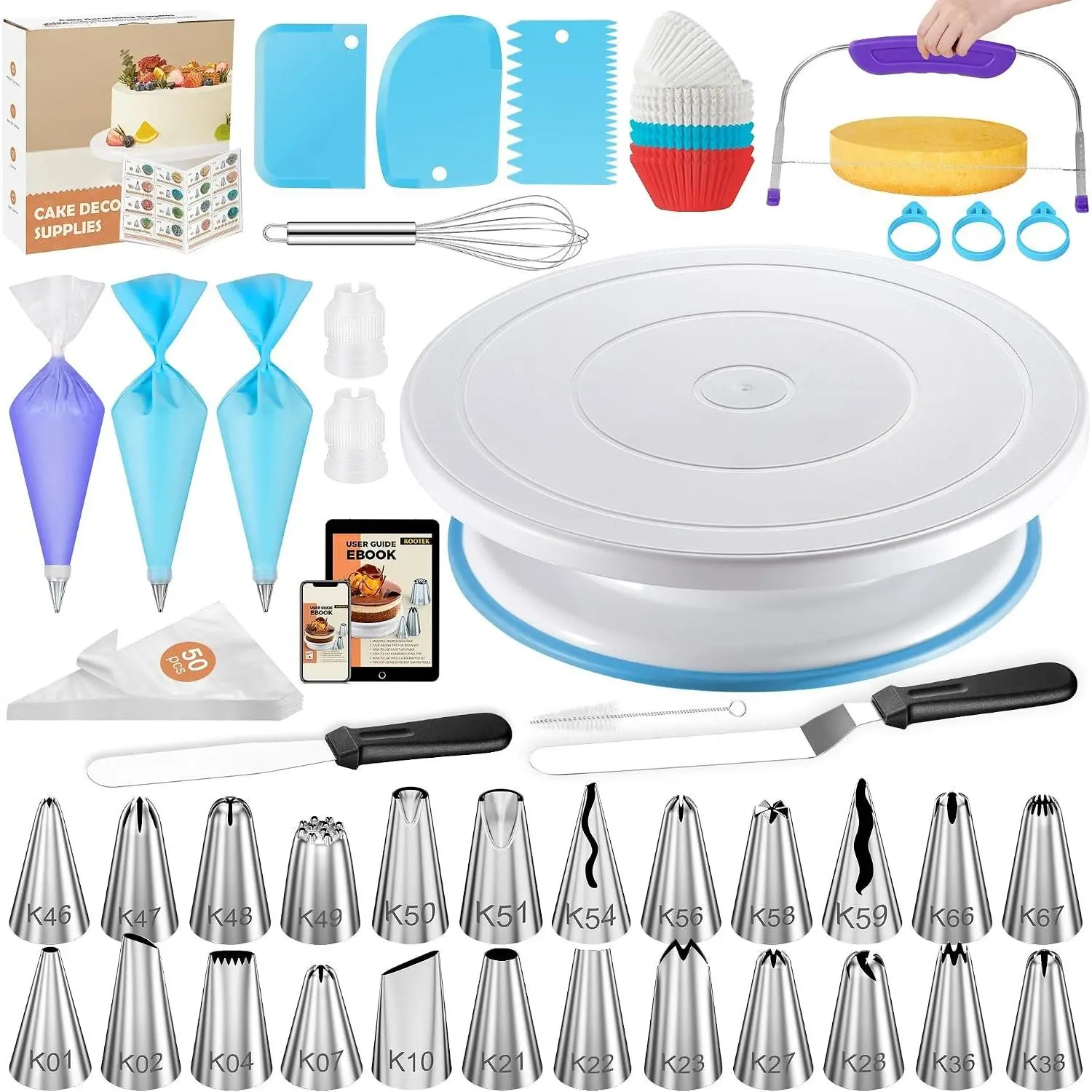 140 count Cake Decorating Kits, Baking Supplies Tools with Cake Stand Turntable, Piping Bags and Tips, Cake Leveler, Frosting Icing Spatulas &  Accessories for Cake Cupcake Decorations