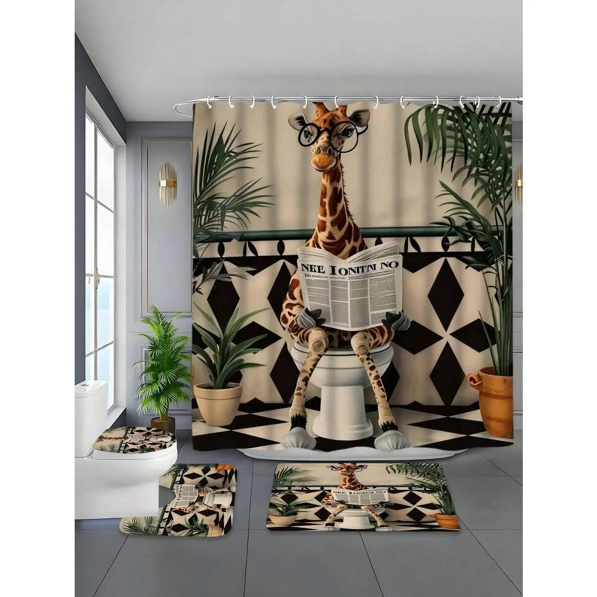Multicolor Adjustable Crouching Giraffe Cartoon Print Waterproof Shower Curtain Set (1/4 Pcs), Thick Polyester, 12 Hooks Included, Anti-Slip Mat, U-Shaped Mat, Round Toilet Lid Cover, Pouch, Solves Bathrooms Water Accumulation Issues