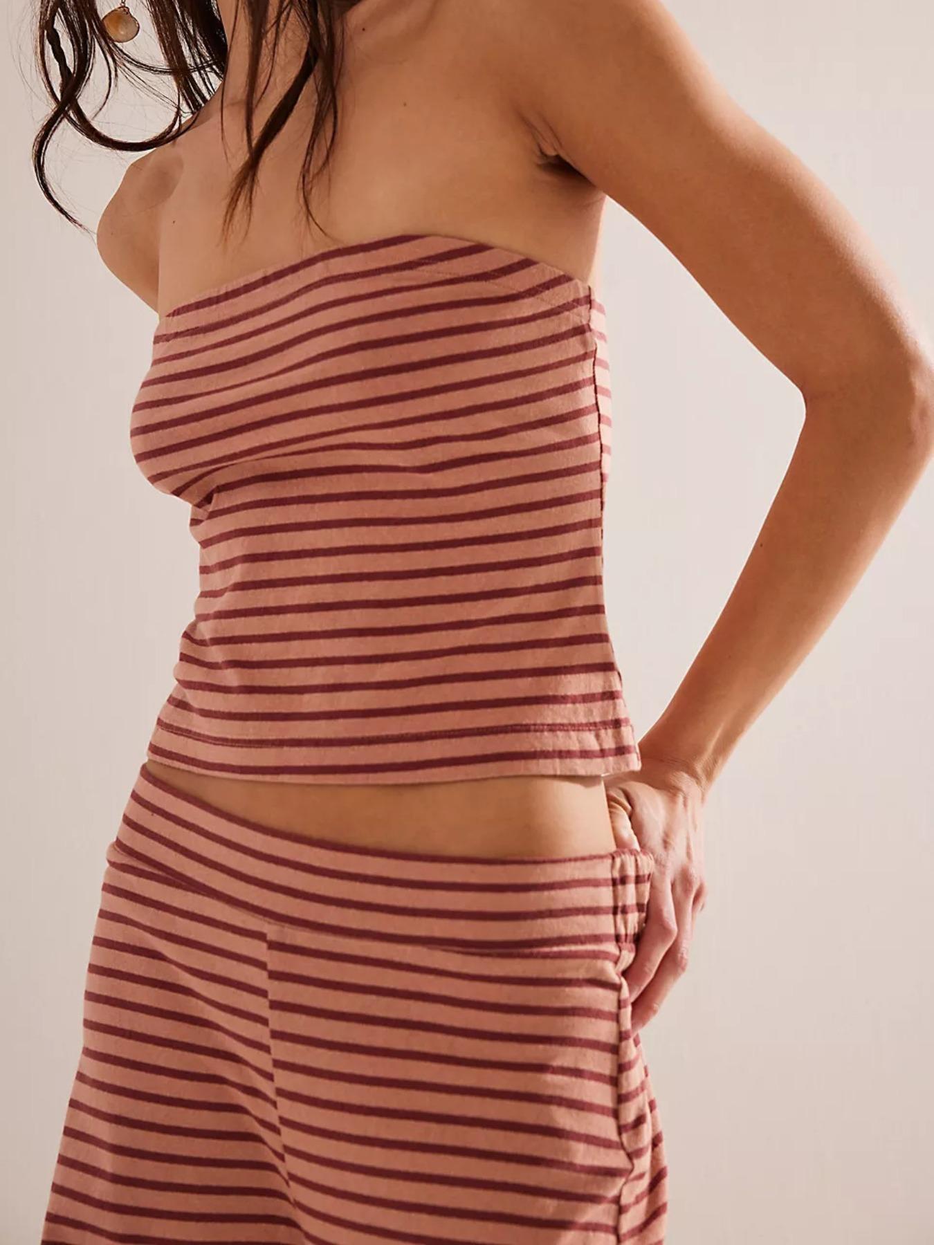 Women's Striped Print Crop Tube Top & Wide Leg Pants Set, Street Fashion Casual Two-piece Set for Daily Wear, Women's Summer Clothes, Cute Summer Outfit