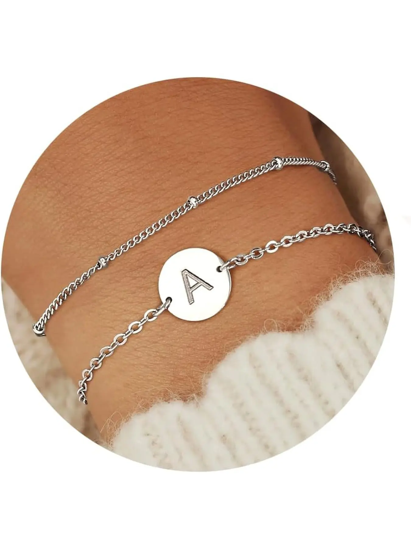 Initial Bracelets for Women Girls - 18K Gold Plated Layered Beaded Letter Initial Bracelet Personalized Disc Monogram Bracelet Silver Gold Bracelets for Women Teen Girl Gifts