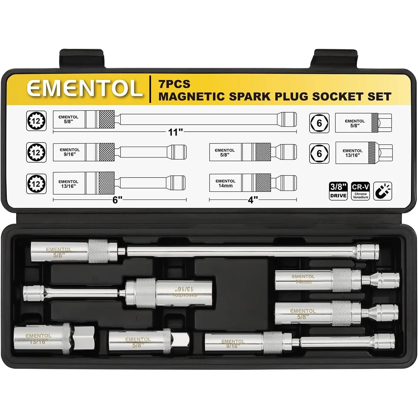 7 count 3/8" Drive Spark Plug Socket Set, CR-V, Swivel  Extension Sockets, Includes 9/16", 5/8", 13/16", 14mm Sockets
