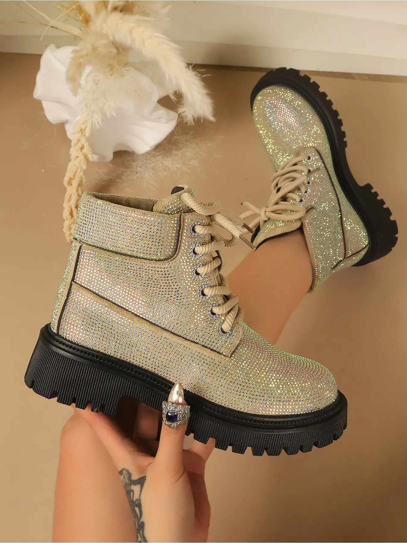 Women Full Rhinestone Glitter Ankle Martin Boots 5.5cm Lug Platform Lace Up Round Toe Street Fashion Chunky Combat Booties