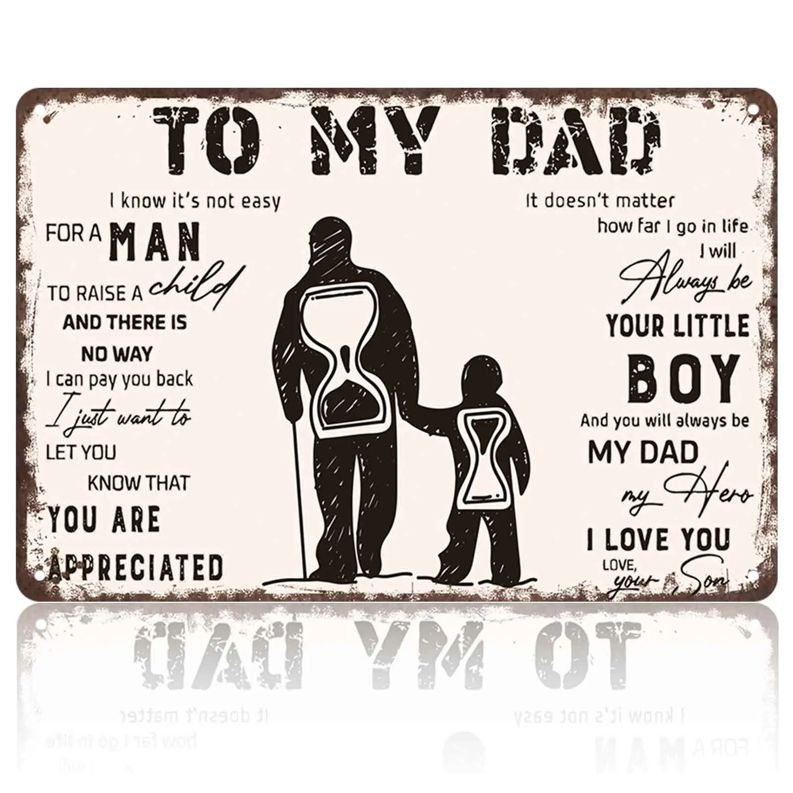 Vintage Distressed Rectangular Metal Sign - "To My Dad From Son" Hourglass Silhouette Aluminum Plaque (8x12 in), Hangable Wall Mount Engraved Home Decor, Fathers’ Day Parent-Child Gift Idea