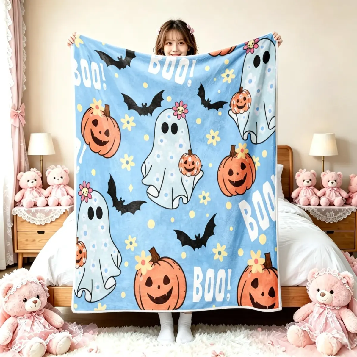 Light Blue Cute Floral Ghost Pumpkin BOO Flannel Throw Blanket - Pastel Halloween Bat Daisy Print, Stain Resistant, Soft Cozy Lightweight, Sofa Bedroom Use, Fall Gift, Room Decor, Indoor Home Decor Accent