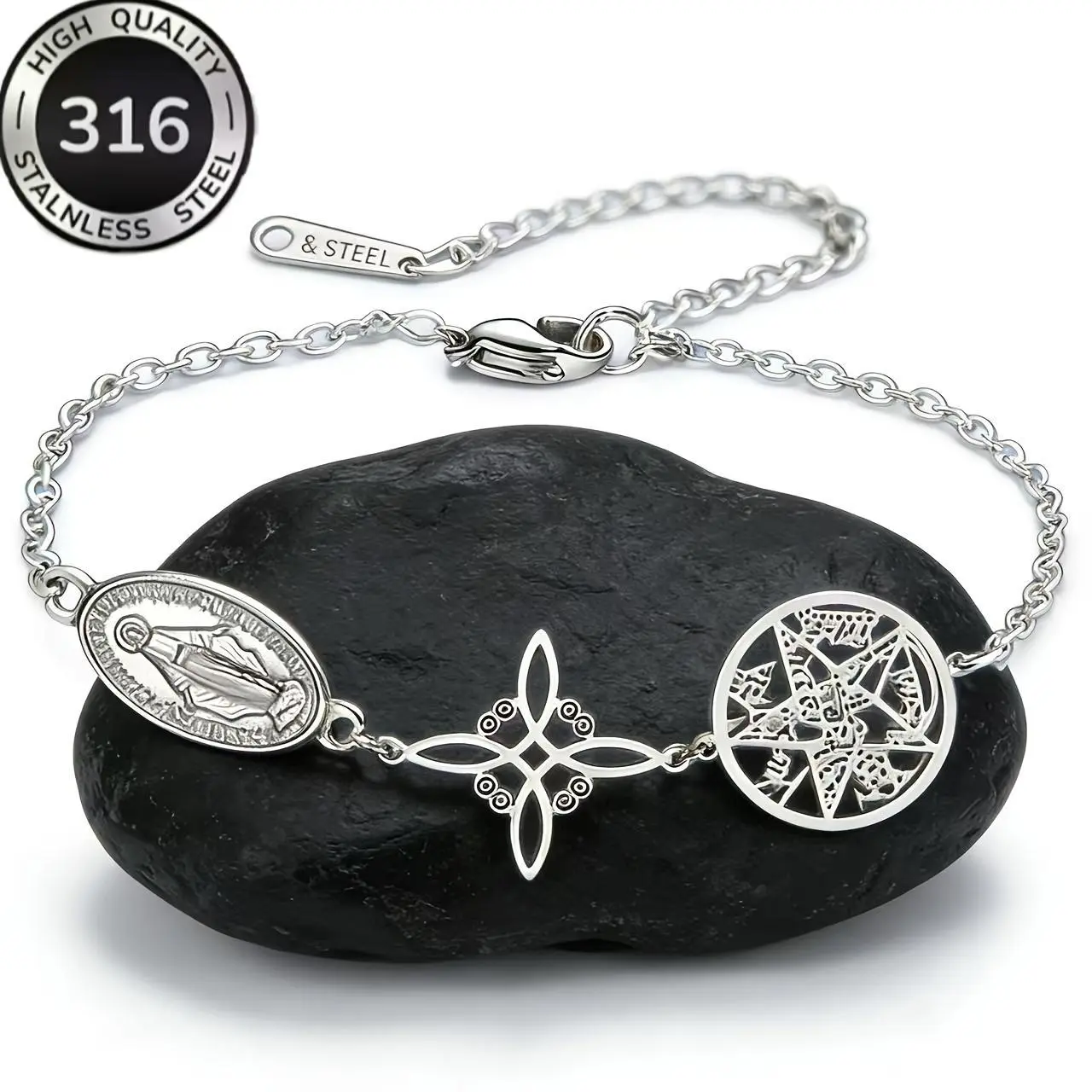Women'S 316 Stainless Steel Triple Protection Bracelet - Featuring a Witch Knot, Pentagram, And Square Charm, Finished with Plating, Perfect for Halloween, Christmas Gifts, And Suitable for Everyday Wear And Parties
