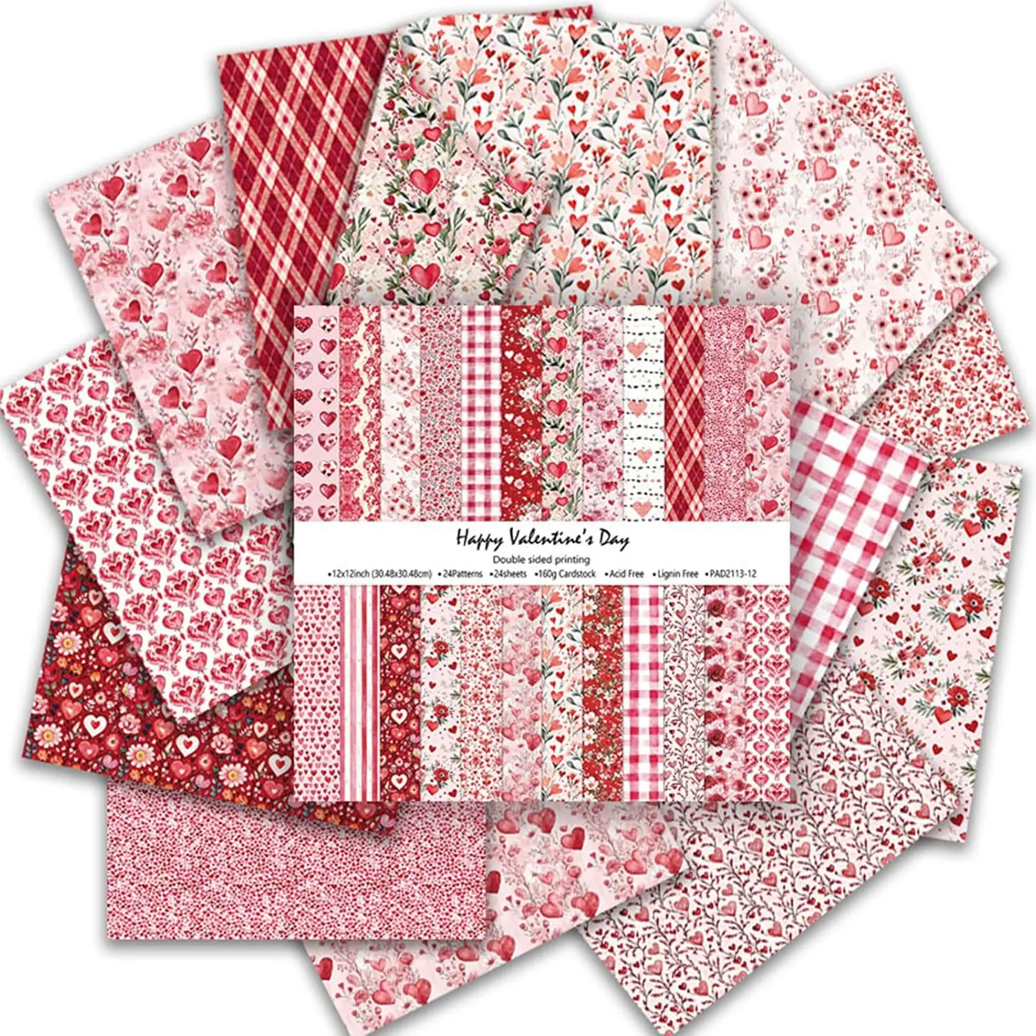 Scrapbook Paper 12x12 Inch Double-Sided Heart Love  Craft Paper | 24 Sheets/24 Designs  Floral Valentine Decorative Paper Cardstock for Card Making, Junk Journaling, DIY Craft Projects