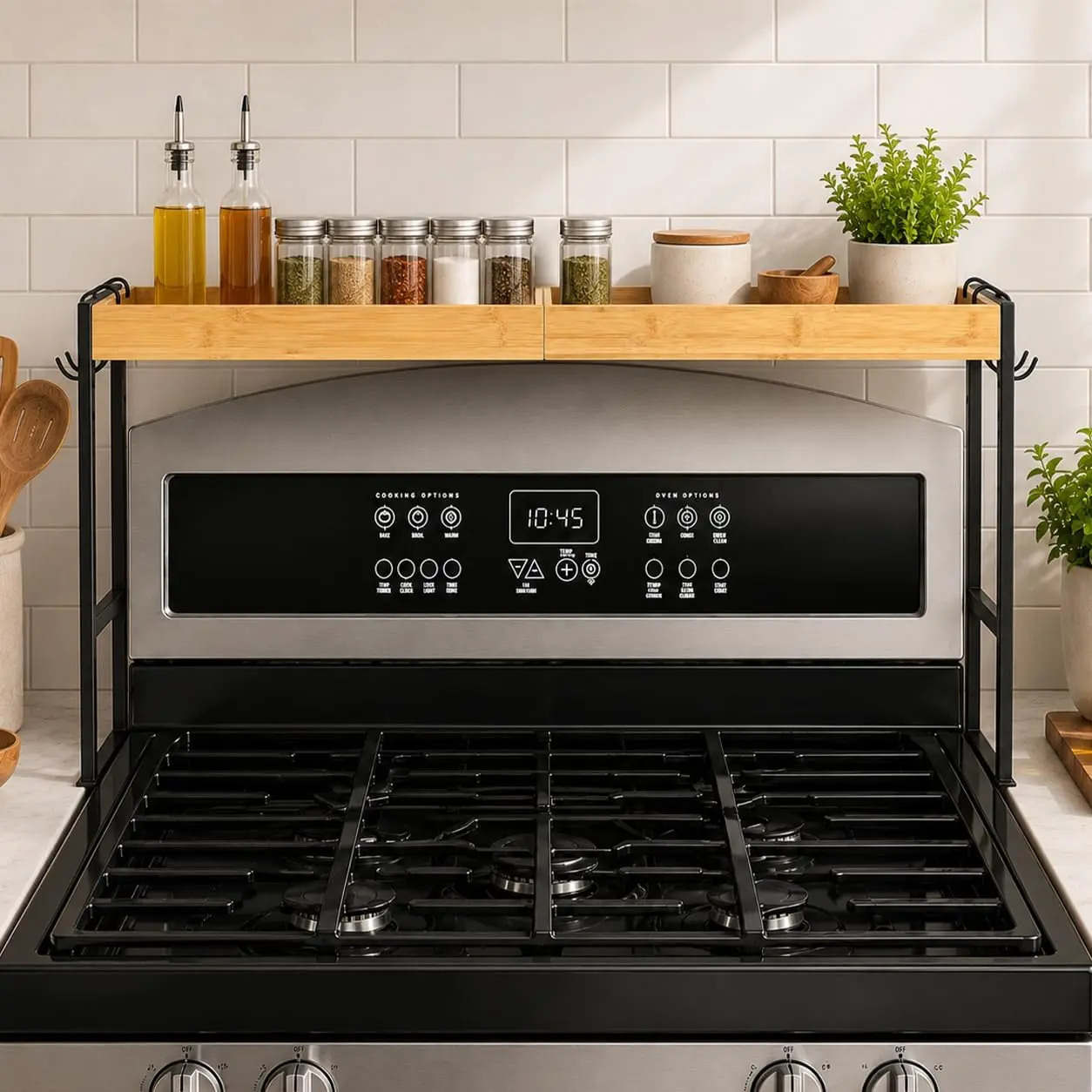 Rack Shelf for Kitchen Stove,  Over the Stove Shelf with 4 Level Adjustable Height, 33 Inch Stove Top  Rack Organizer with 4 Hooks, Reinforced 30 lb Capacity, Non-Slip Pads, Black