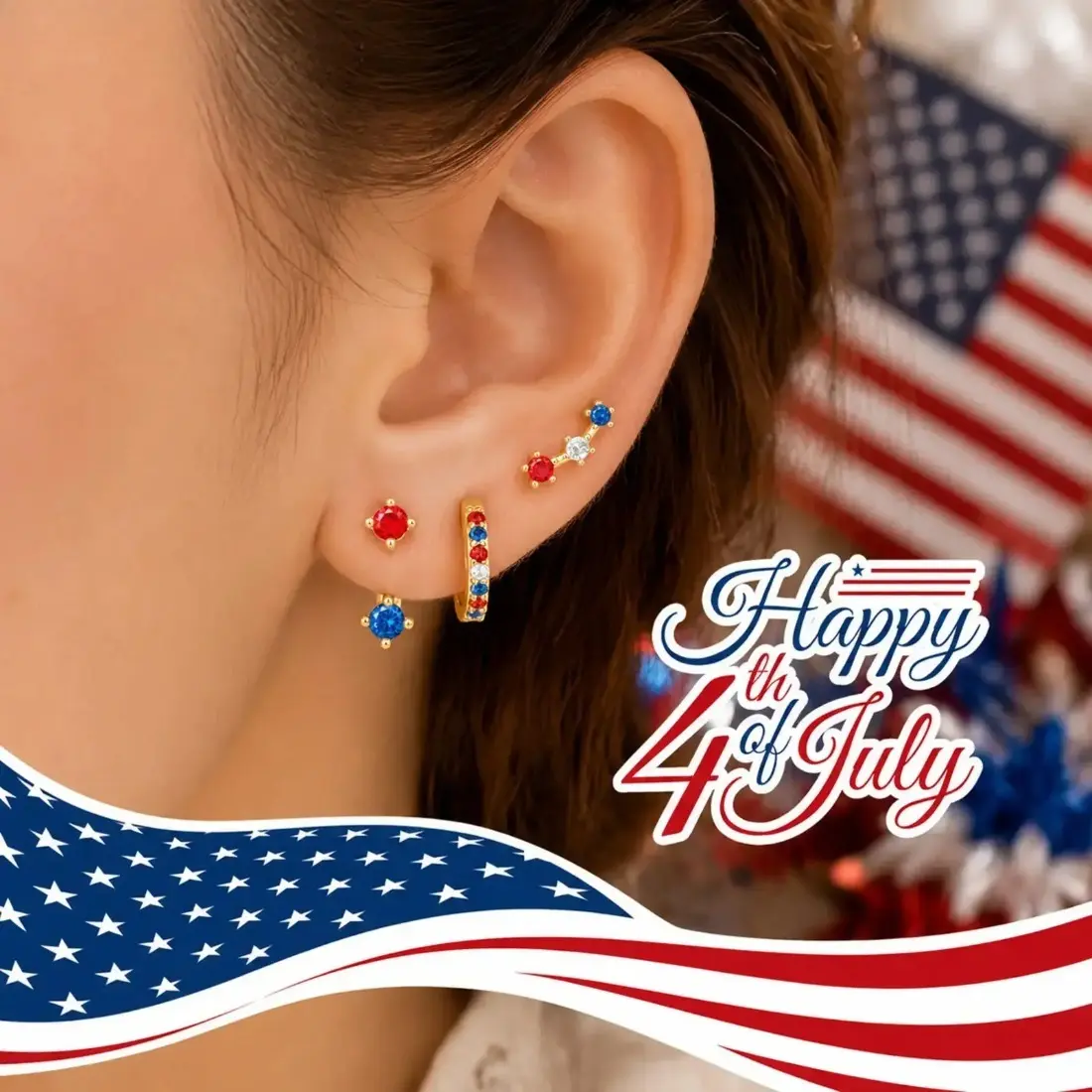 3 Pairs Dainty Ear Stack Earrings Set Women 4th of July Stud Huggie Hoop Cartilage Helix Jewelry Lightweight Patriotic Layered Fashion Earrings Summer Party Gift