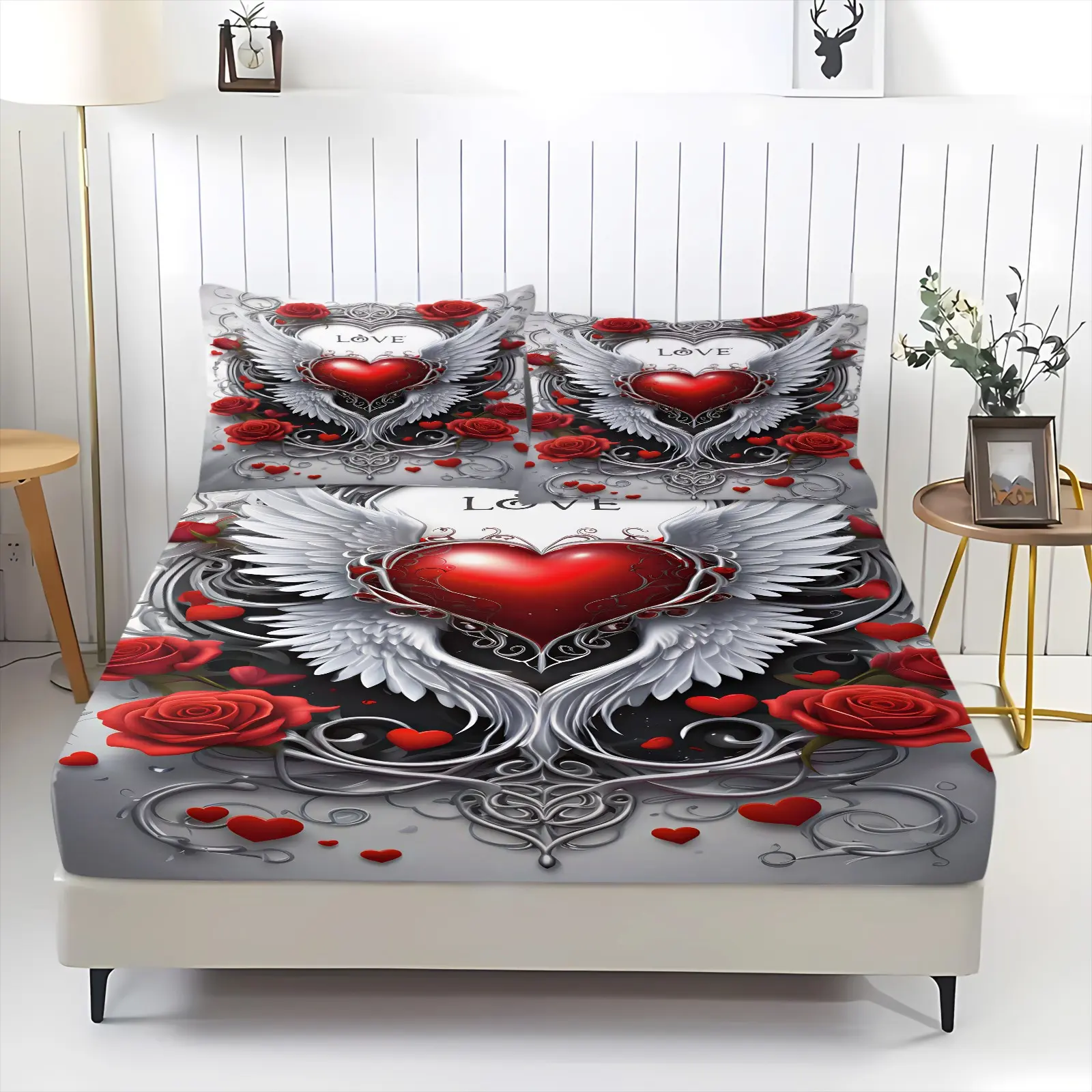 3PcsValentine Heart Art Printed Fitted Sheet Set, Machine Washable Skin-Friendly Fabric, Mattress Protection Design, Suitable for Couple Bedroom, All-Season Home Bedding (Without Pillow Inserts)