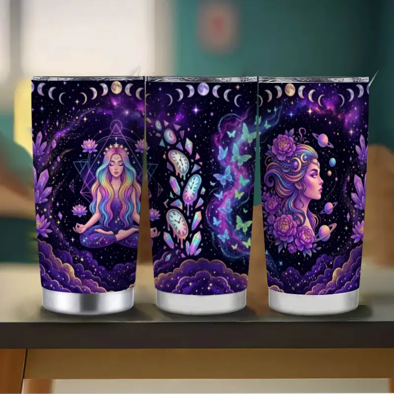 Sturdy Classic Stainless Steel Insulated Coffee Flask Tumbler - Lightweight, Portable, Leak-Proof, Purple Moon Phase & Crystal Design, with Straw & Sliding Lid, for Hot/Cold Beverages, Ideal for Yoga & Spiritual Gifting