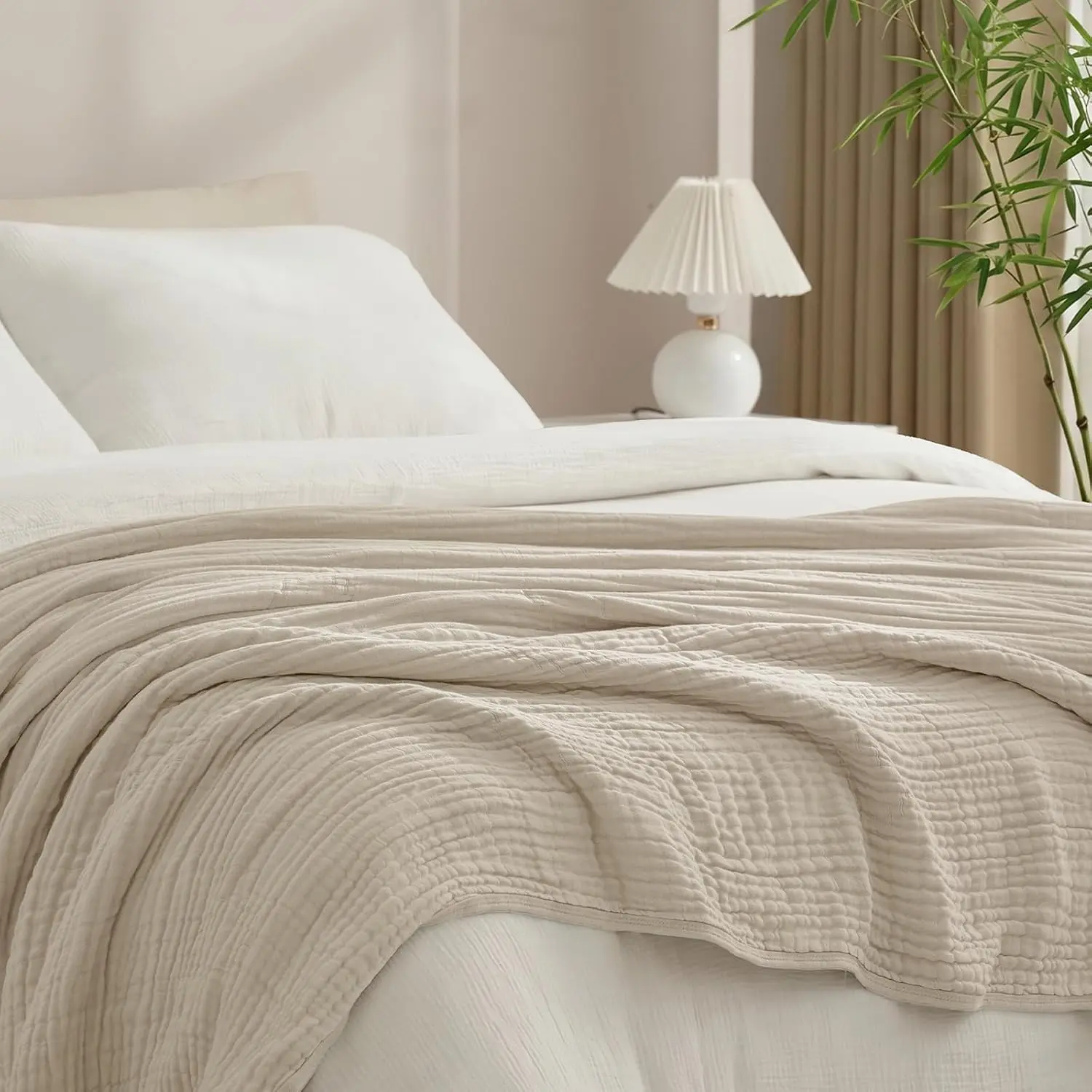 Cooling Muslin Blanket  Size 90"x80", 6-Layer Lightweight Gauze Blanket Made from 35% Rayon Derived from  & 65% , Breathable & Ultra Soft Cozy for Hot Sleepers,  Oak