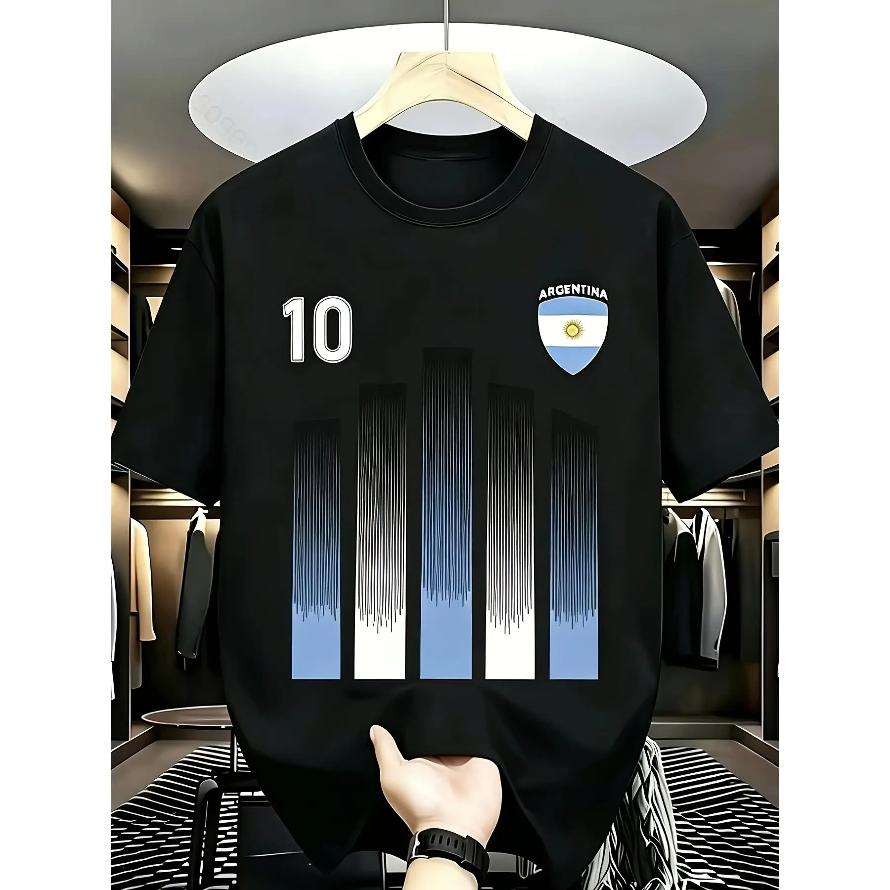 [Argentina Football Jersey] Men's Argentina Football Jersey - Black And White Striped Design with Number 10, Breathable Fabric for Sports And Casual Wear, Casual Pattern T-Shirt Featuring Argentine Flag Patch, Football-Themed Tee