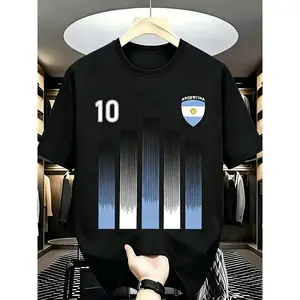 [Argentina Football Jersey] Men's Argentina Football Jersey - Black And White Striped Design with Number 10, Breathable Fabric for Sports And Casual Wear, Casual Pattern T-Shirt Featuring Argentine Flag Patch, Football-Themed Tee