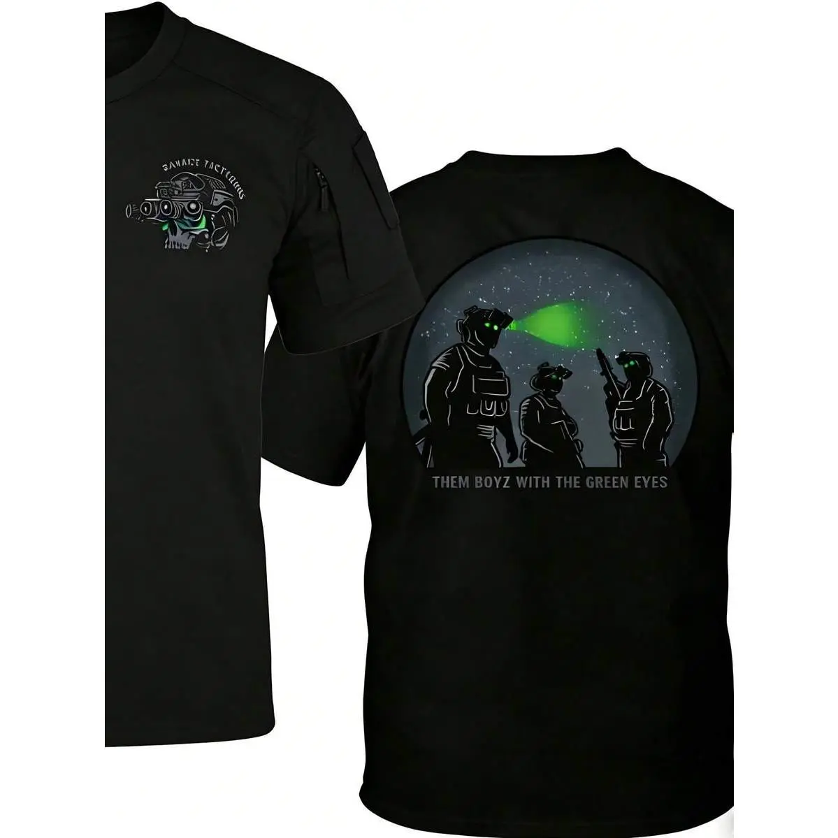Men's Pure Cotton Graphic Tee, Tactical Night Vision NVG Operator Green Eyes Shirt, Vintage Distressed Soldier Veteran Top. Heavyweight masculine wear, great gym pump cover, airsoft & tactical training apparel, fashionable men's summer streetwear outfits.