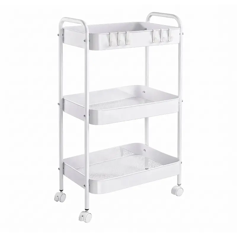 3-Tier Rolling Storage Cart, Bathroom Floor Organizer, Rustproof Carbon Steel, with Lockable Wheels, Handle & 6 Hooks, Heavy Duty Metal Organizer for Nursery, Kitchen, Bath & Dorm Rentals, Space Saver Rack for Decor, Temporary Storage