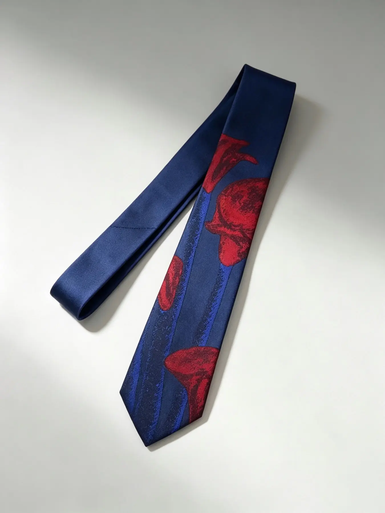 Navy Blue Abstract Calla Lily Floral Skinny Tie, 2400-Needle Jacquard Woven Tie,  Unisex Designer Tie,  Art Inspired Gift, Gift Box included