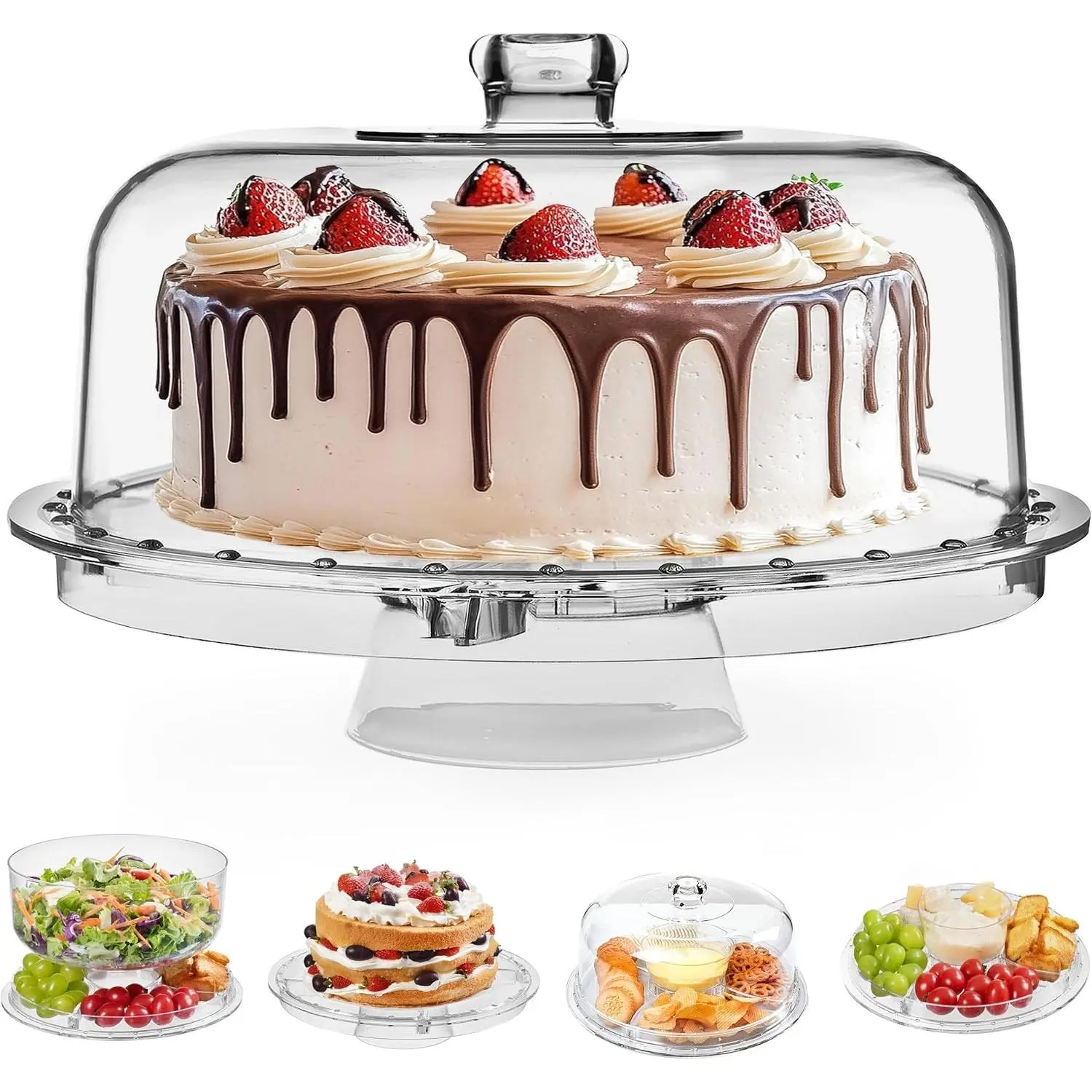 Cake Stand with Lid (12.2"), Multifunctional Cake Stand with Acrylic Dome, Acrylic 6-in-1 Cake Plate Display Stand with Cover for Baking Gifts, Birthday Kitchen Parties, Weddings