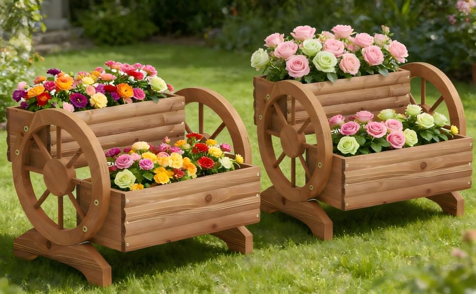 Wooden Wagon Planter Flower Cart with Wheels Planter, Planter for Balcony Decoration Succulent Flower Pot for Indoor Backyard Balcon Yard planters (Brown)