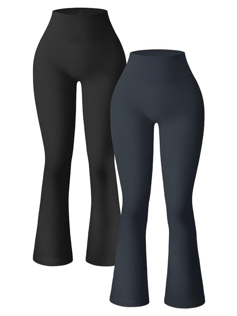 Women's Solid High Waist Sports Flare Leg Pants, Fold Over Flare Pants, Casual Comfy Breathable Seamless Yoga Bell Bottom Trousers for Gym Workout Running, High Stretch Leggings