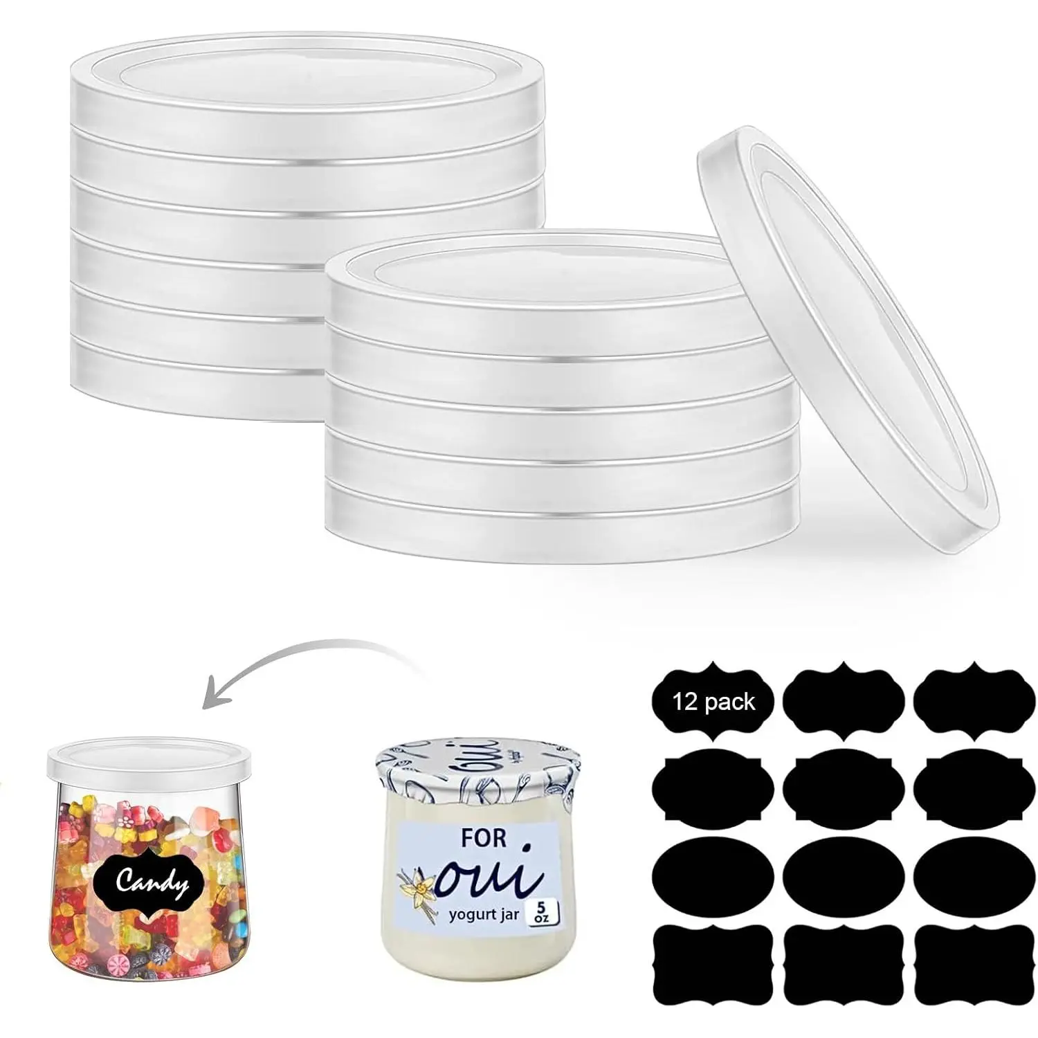 12 count Plastic  Yogurt Jars  with label for  Yogurt Glass Jars | Yogurt Container Jar    Covers Clear,  Leak Seal,  Pots,  Shaker, DIY Craft
