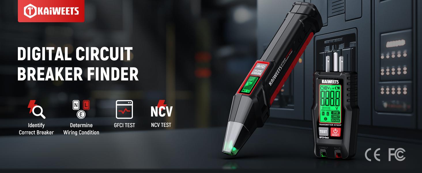 Circuit Breaker Finder with LCD Display, GFCI Outlet Tester, Electrical Circuit Tracer Tool with NCV Test & Flashlight, Includes Carrying Case and Adapters- KT301P