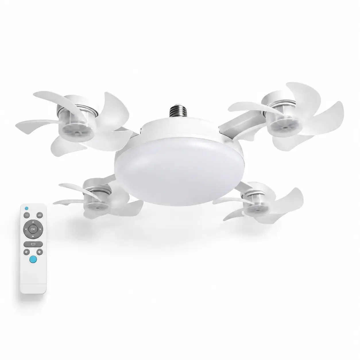 Ceiling Fan Light with Remote Control, 19.69 Inch Screw in LED Fan Light, E27 Base Foldable Ceiling Fan with 4 Fan Heads, Quiet Airflow & Bright Lighting, Easy Installation for Bedroom, Living Room, Kitchen, Office, Dorm, Small Room Use