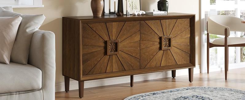 Sideboard Buffet Cabinet, 60" Large Accent Credenza Cabinet with Sunburst 4 Doors & Adjustable Shelf for Living Room, Rustic Brown Kitchen Buffet Table with Storage, TV Stand Media Console