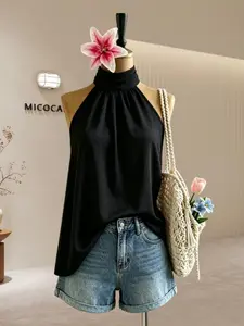 French Polka Dot Halter Neck Tank Top, High Collar Pleated Design, Sweet Girl Style, Soft and Sexy Look, Perfect for Casual Wear