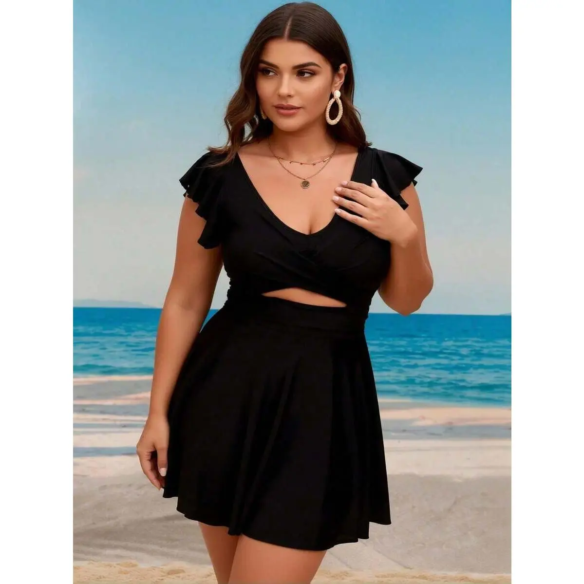 Plus Size Black Swim Dress, Elegant Long V-Neck Bathing Suit with Ruffle Sleeves and Cutout Waist, Knit Fabric Beach Wear, Plus Size Bathing Suits, Extended Sizes