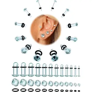 24 PCS 0.5mm Increments Glass Ear Stretching Kit : Hypoallergenic 14G-1/2 Ears Plugs Tunnels Gauge Dead Stretching Kit with Rubber O-Rings Comfy Flare Domed Body Piercing Jewelry