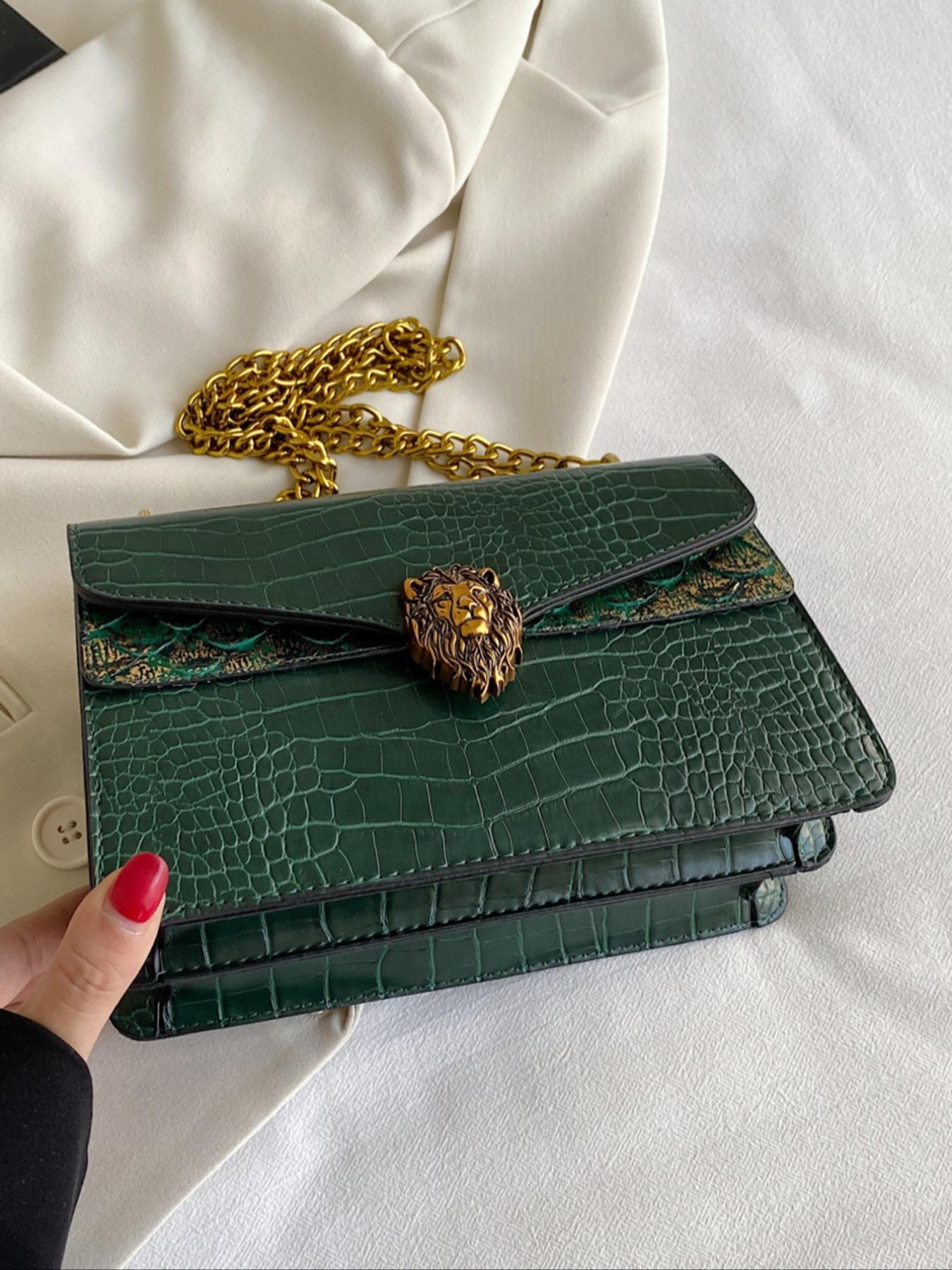 Women's Elegant Crocodile Embossed Crossbody Bag, Fashion Lion Head Decor Shoulder Bag for Daily Used, Casual Trendy Versatile High-quality Daily Commuting Bag, Chain Crossbody Bags
