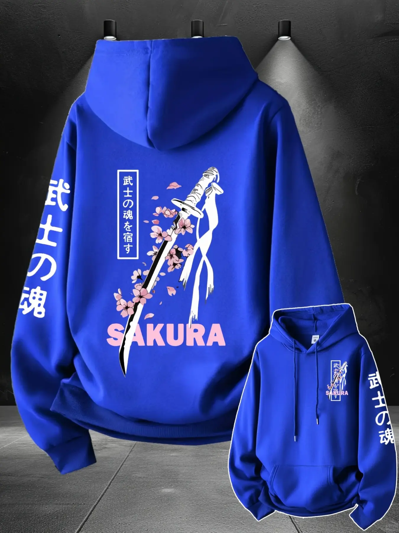 Vintage Japanese Style Hoodie, Cherry Blossom Samurai Print, Long Sleeve Loose Fit, Casual Streetwear, All Seasons