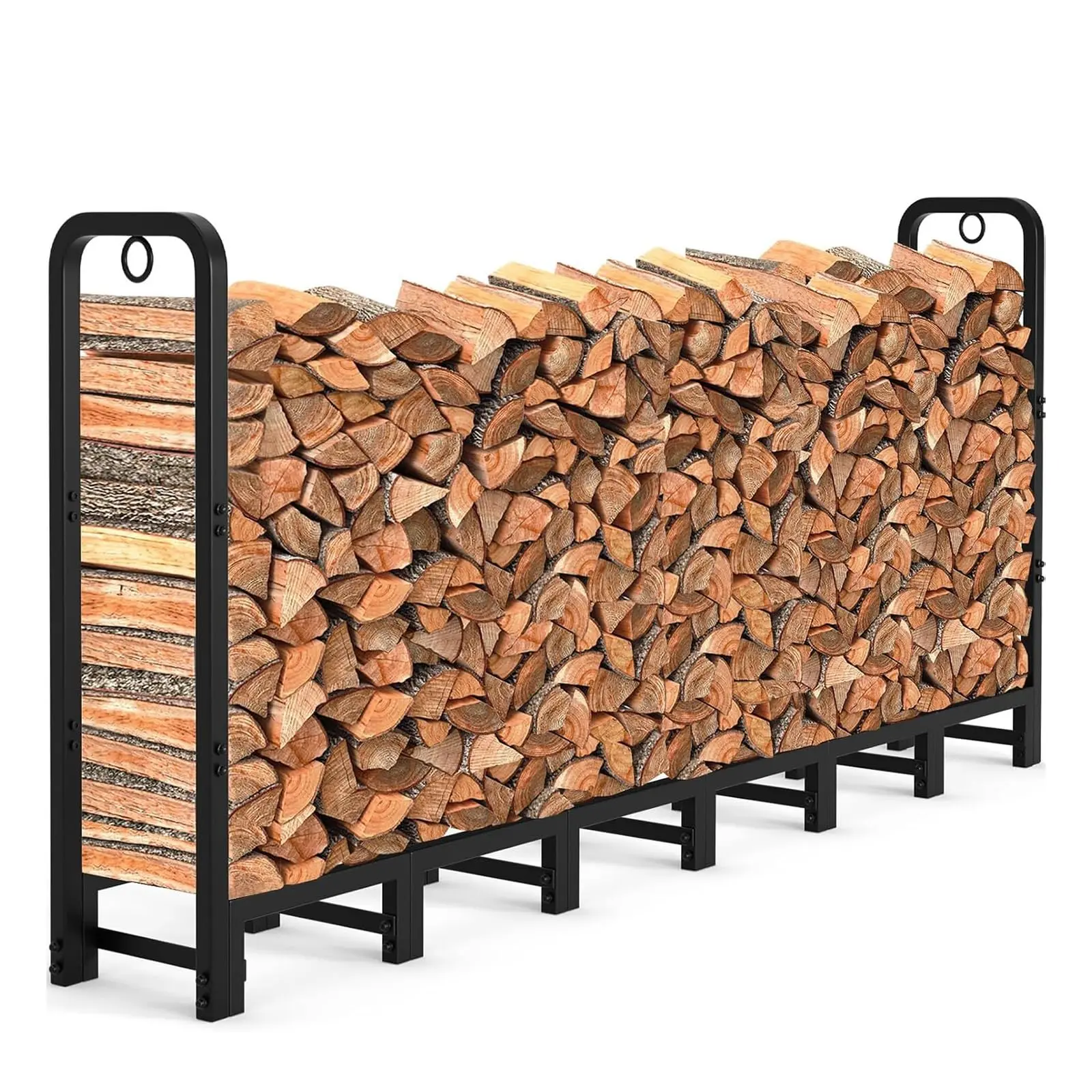 8 ft Metal Firewood Rack - Adjustable Heavy Duty Log Holder with 2 Lock Rings, Indoor Outdoor Firewood Rack, 660 LBS Capacity, Matte Black