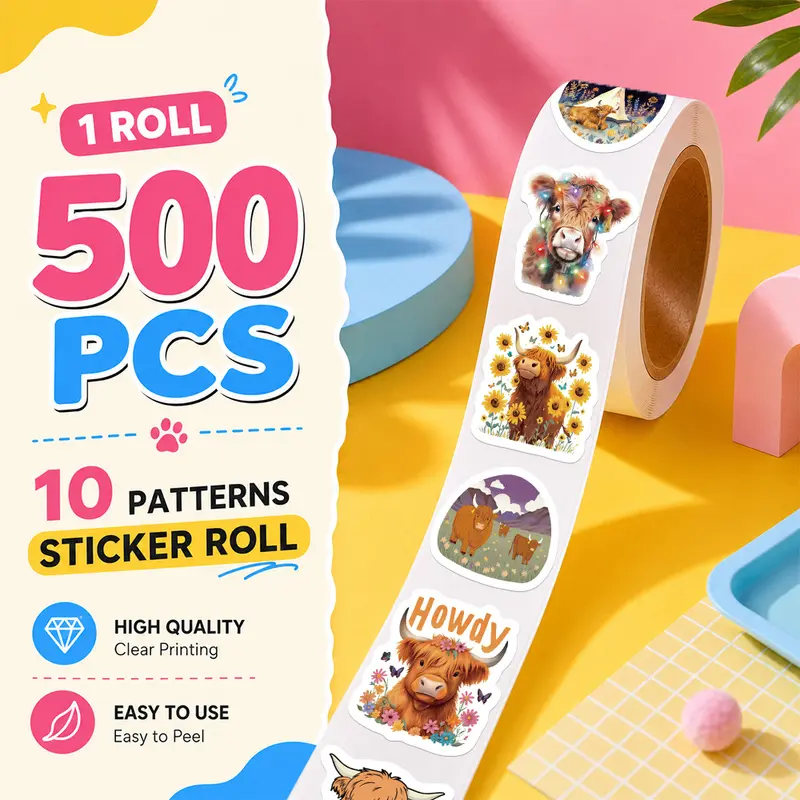 500PCS/Roll Highland Cattle Sticker Roll, 10 Designs Aesthetic Decorative Sticker Tape, Self Adhesive Journaling Stickers for Notebook, Laptop, Phone Case and Daily Decoration