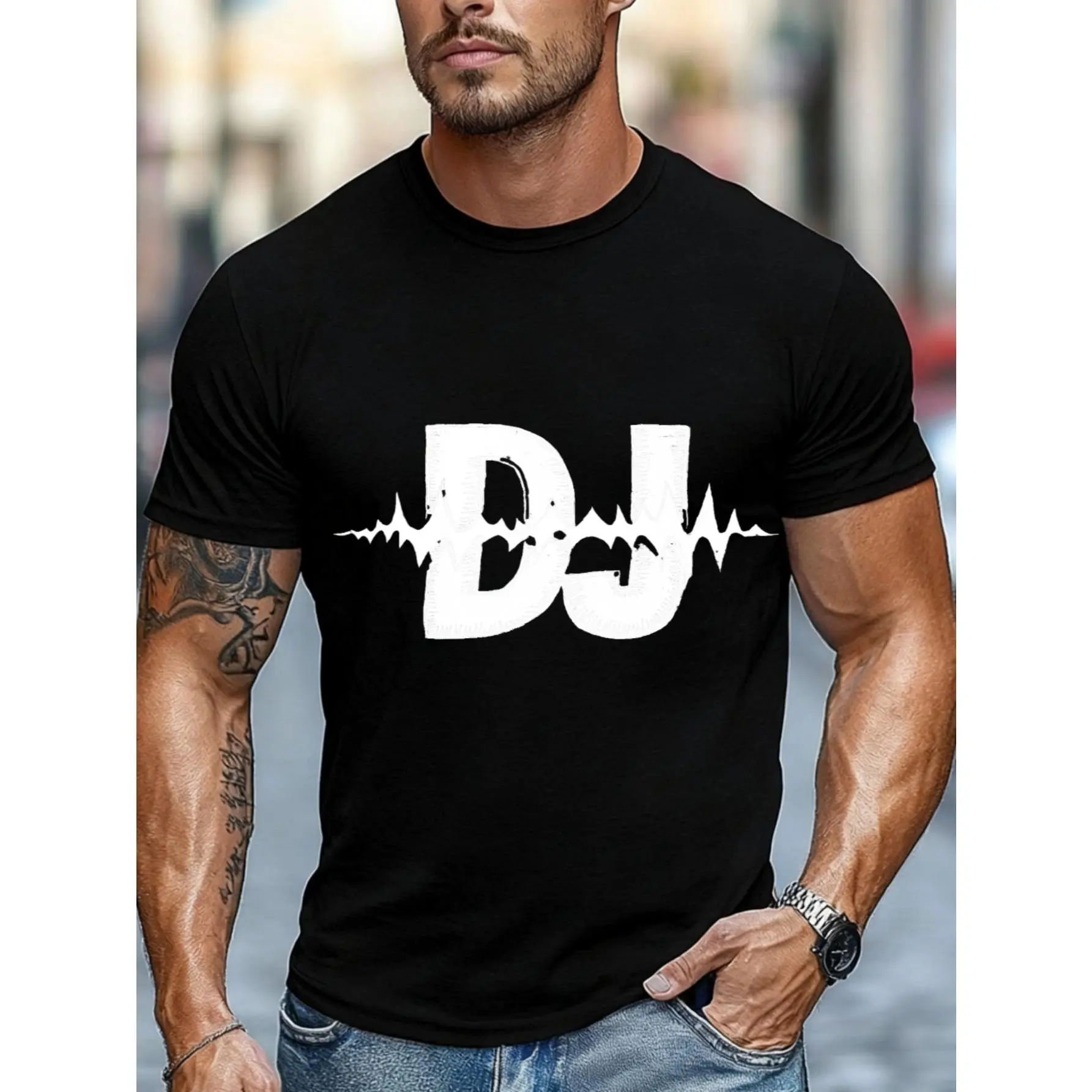 Casual Streetwear Style, Men's T-Shirt, Dj Sound Wave Graphic Print, Summer Daily Wear, Gift For Dj Music Lover Boyfriend Husband