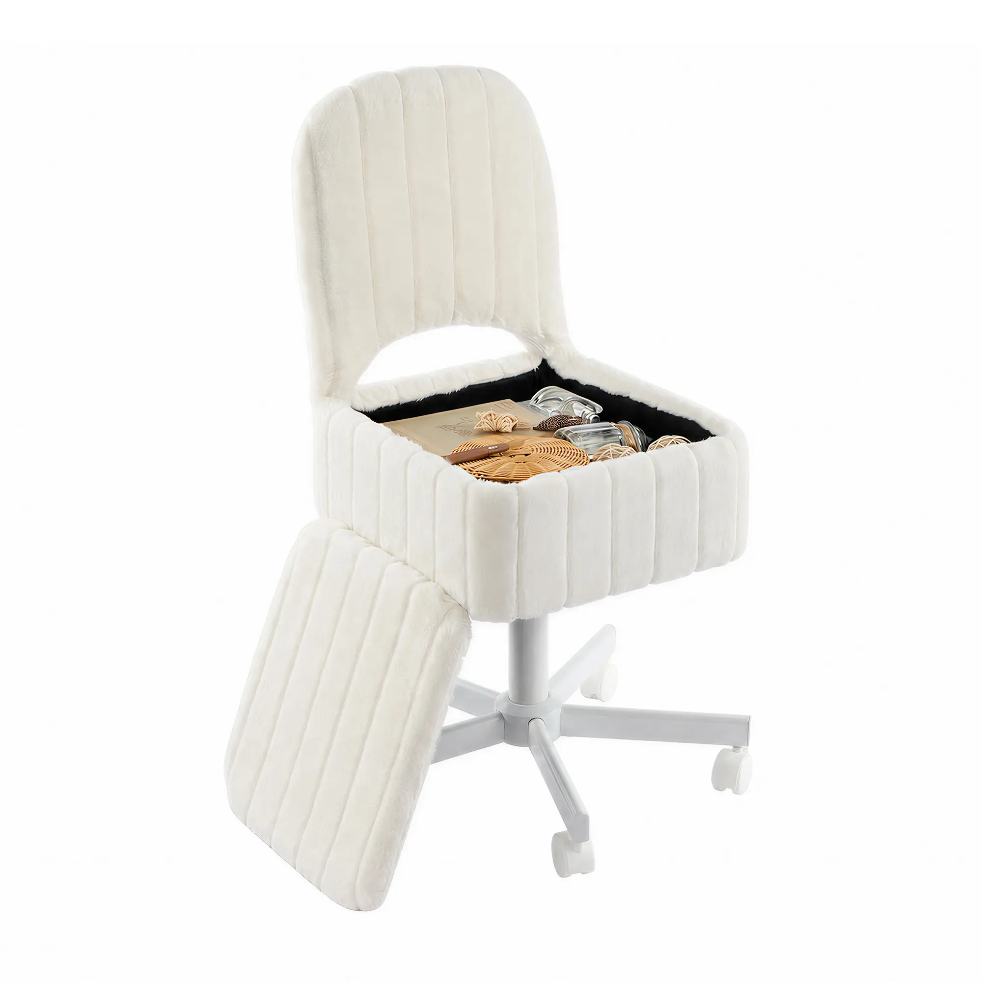 Adjustable Swivel Vanity Stool with Storage, Soft Indentation Fleece Ottoman with Folding Backrest & Quiet Wheels, Compact Multifunctional Seating for Bedroom, Makeup Room & Home Office