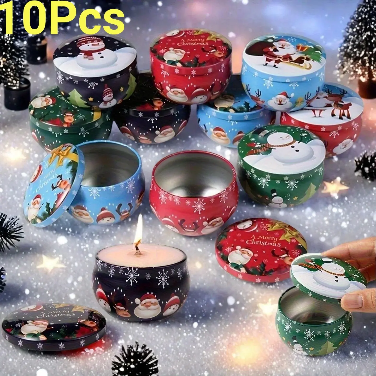 10Pcs Christmas Tin Candle Jar, 2.2 Ounces, Perfect for Candle Making, Decoration, Parties, and Gift Jars, As A Christmas Desktop Backdrop and Window Display