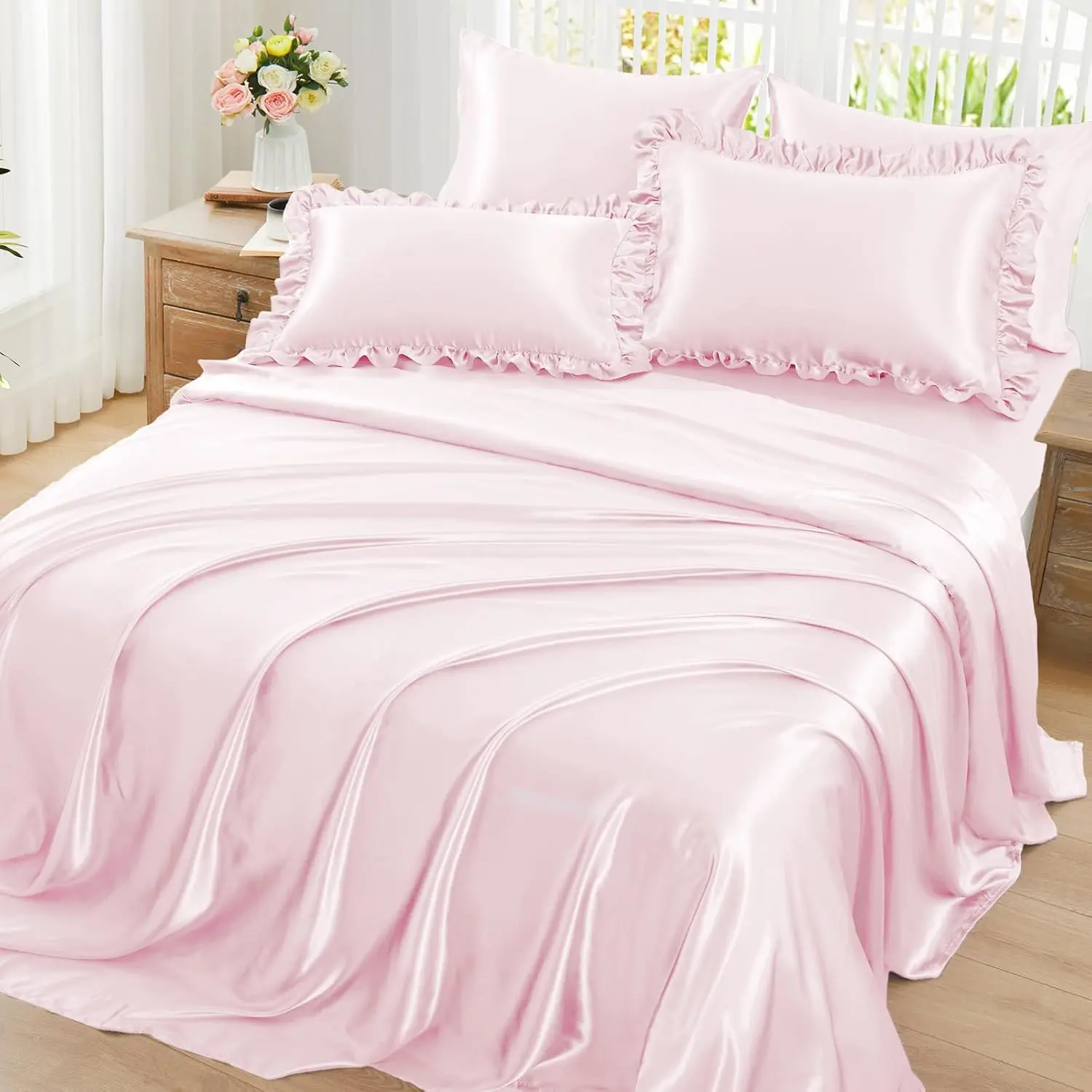 Ruffled Sheets Full Size 6pc Set - Blush Pink Bed Sheet Set with 15 Inch Deep Fitted Sheet, 1 Flat Sheet, 2 Ruffled Pillow Shams & 2 Pillowcases, Similar to Silk Sheets